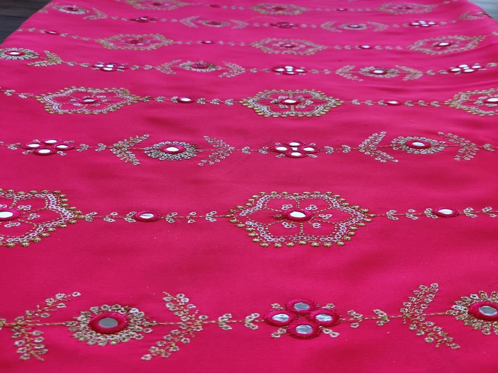 Fuschia Pink Floral Sequins & Mirror Work Embroidered Malai Satin Fabric