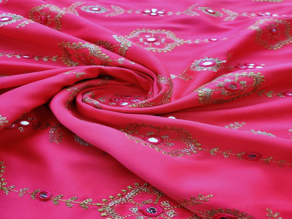 Fuschia Pink Floral Sequins & Mirror Work Embroidered Malai Satin Fabric