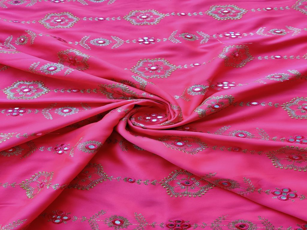 Fuschia Pink Floral Sequins & Mirror Work Embroidered Malai Satin Fabric