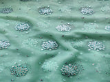 Sea Green Silver Faux Mirror Floral Embroidered Organza Fabric