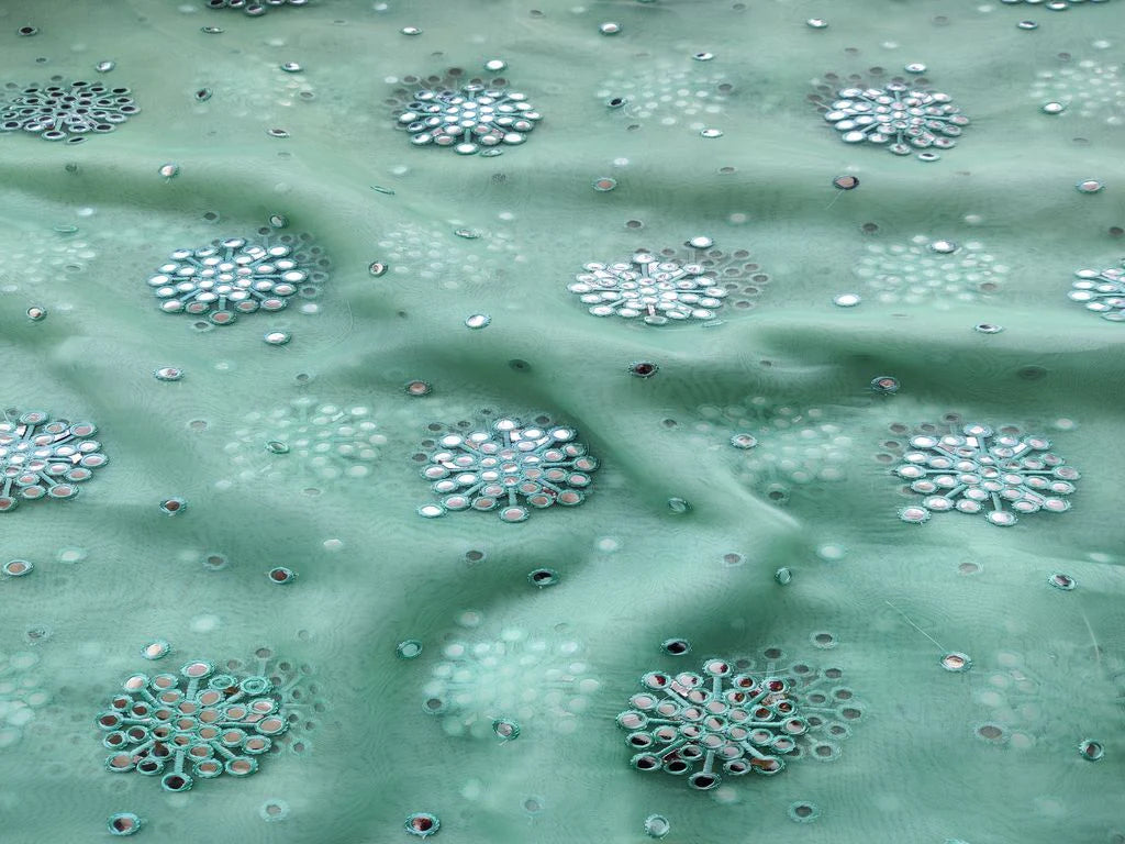 Sea Green Silver Faux Mirror Floral Embroidered Organza Fabric