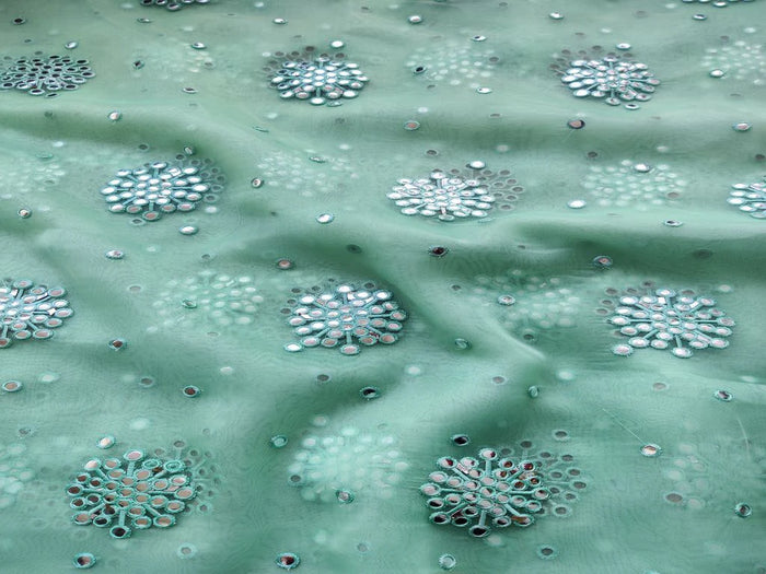 Sea Green Silver Faux Mirror Floral Embroidered Organza Fabric