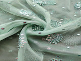 Sea Green Silver Faux Mirror Floral Embroidered Organza Fabric
