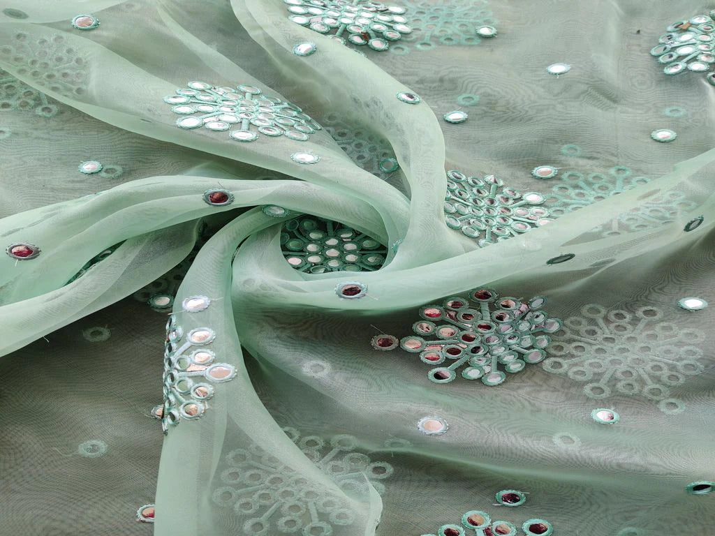 Sea Green Silver Faux Mirror Floral Embroidered Organza Fabric