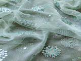 Sea Green Silver Faux Mirror Floral Embroidered Organza Fabric
