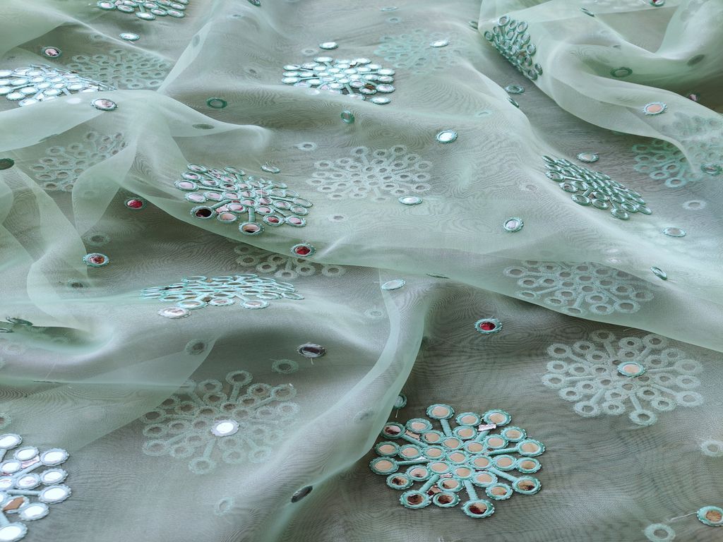 Sea Green Silver Faux Mirror Floral Embroidered Organza Fabric