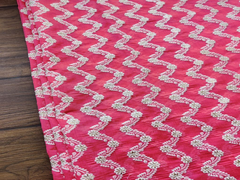 Rose Pink White Golden Chikankari Embroidered Chanderi Fabric