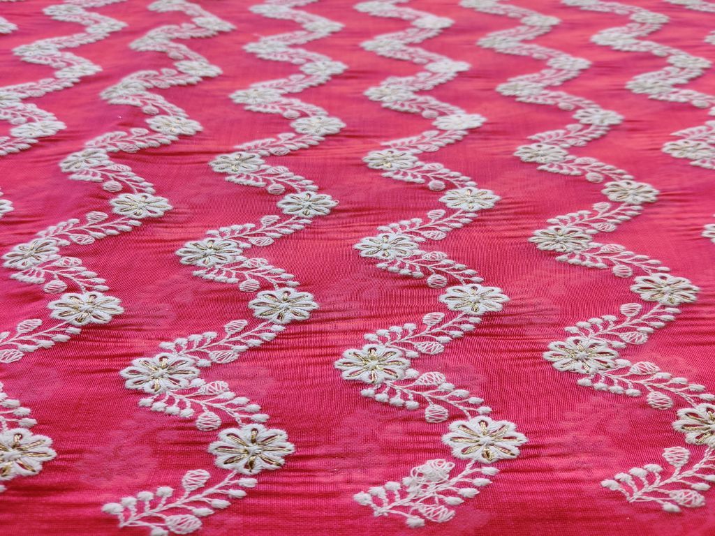 Rose Pink White Golden Chikankari Embroidered Chanderi Fabric
