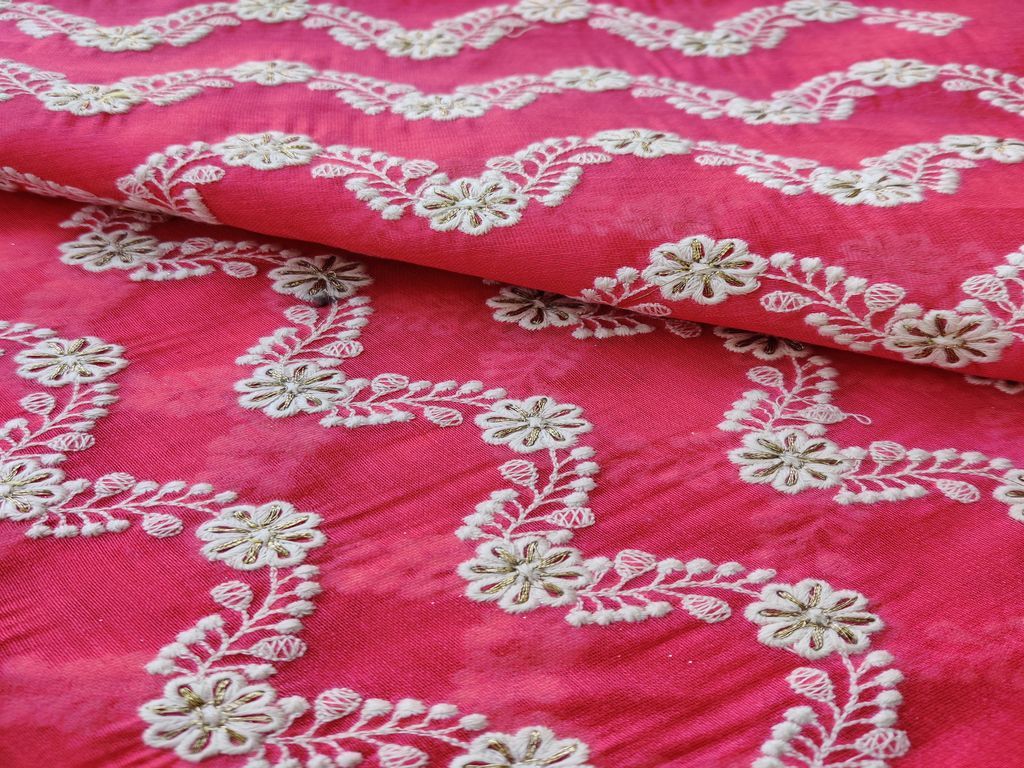 Rose Pink White Golden Chikankari Embroidered Chanderi Fabric