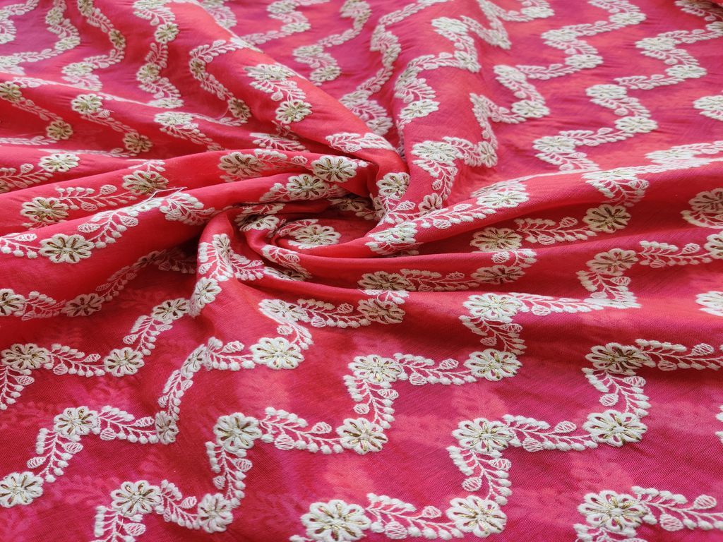 Rose Pink White Golden Chikankari Embroidered Chanderi Fabric