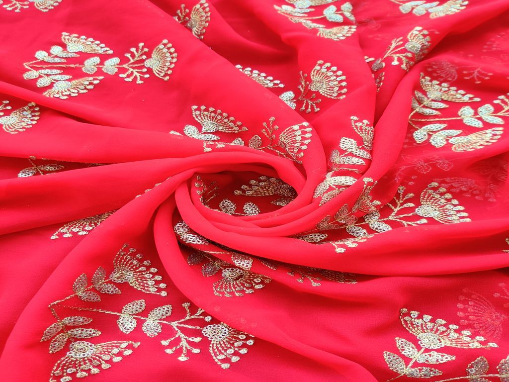 Red Golden Sequins & Zari Floral Motifs Embroidered Georgette Fabric