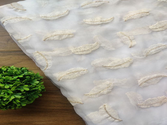 White Leaf Motifs Sequins Work Embroidered Dyeable Organza Fabric