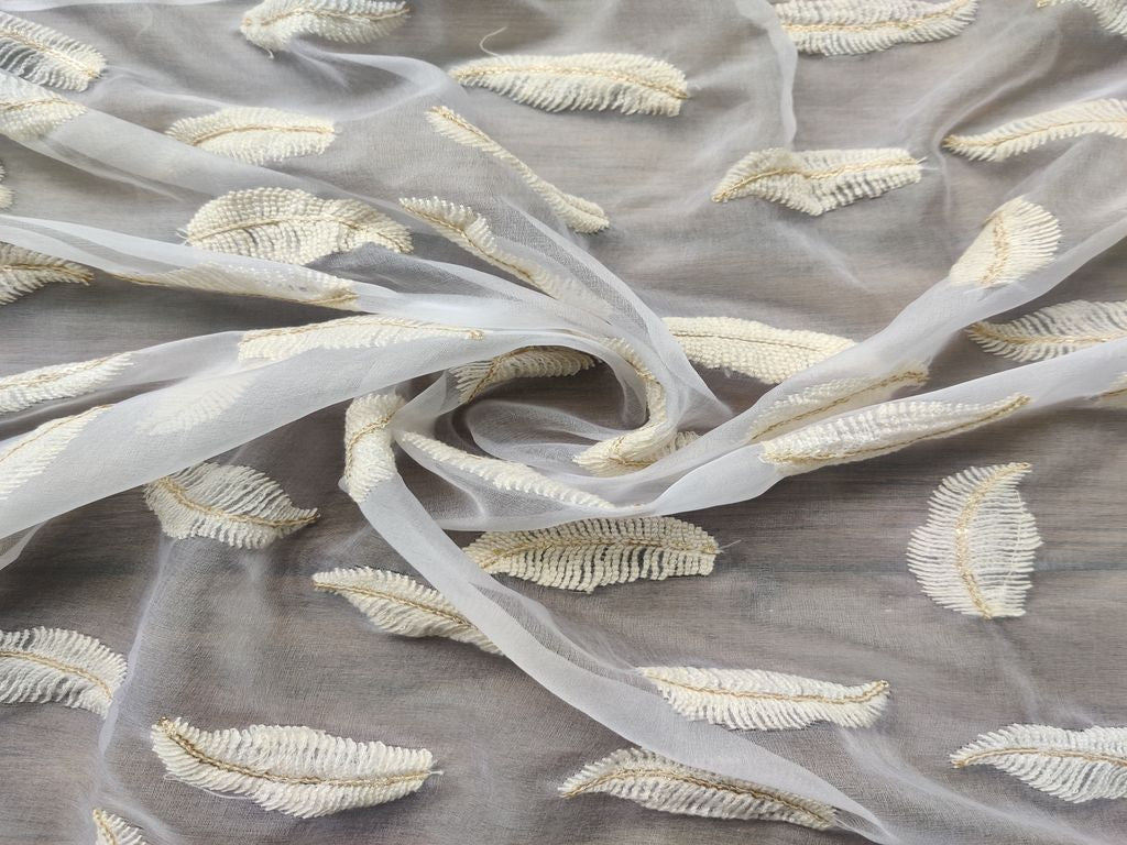 White Leaf Motifs Sequins Work Embroidered Dyeable Organza Fabric