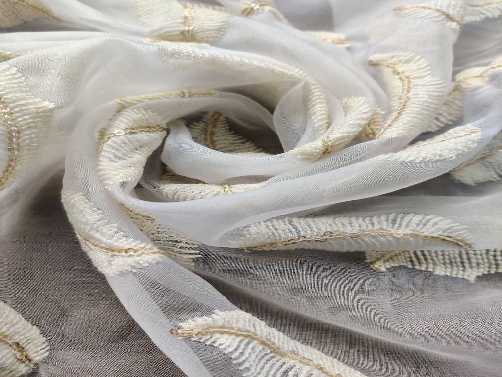 White Leaf Motifs Sequins Work Embroidered Dyeable Organza Fabric