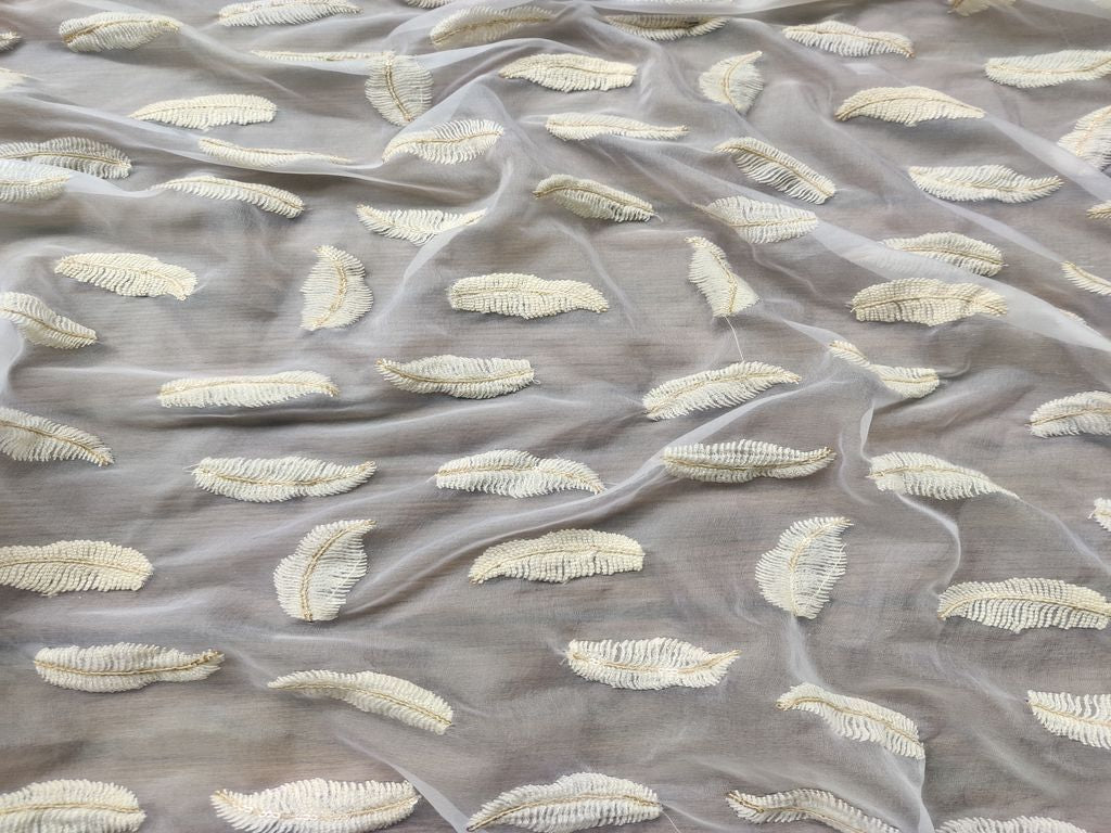 White Leaf Motifs Sequins Work Embroidered Dyeable Organza Fabric