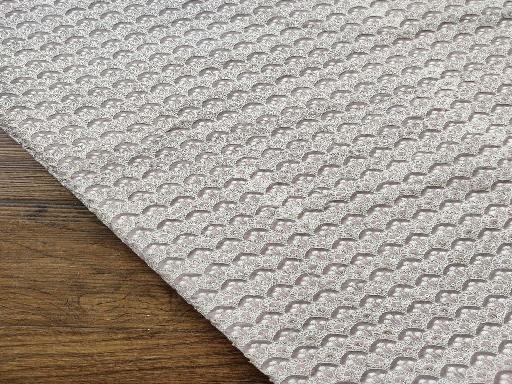 Beige White Floral Thread and Glitter Sequins Work Embroidered Cotton Fabric