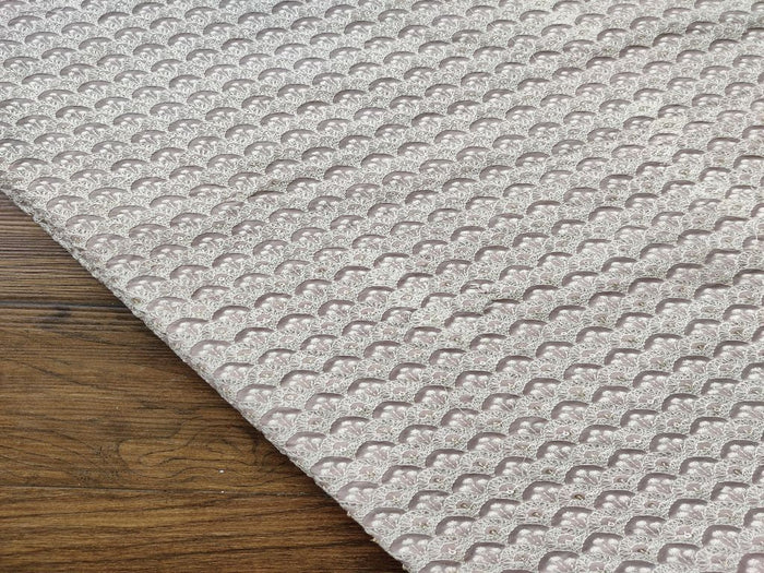 Beige White Floral Thread and Glitter Sequins Work Embroidered Cotton Fabric