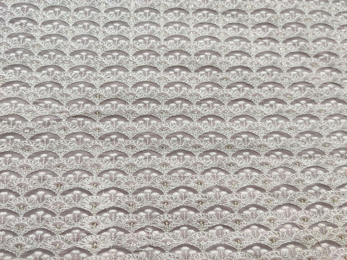 Beige White Floral Thread and Glitter Sequins Work Embroidered Cotton Fabric
