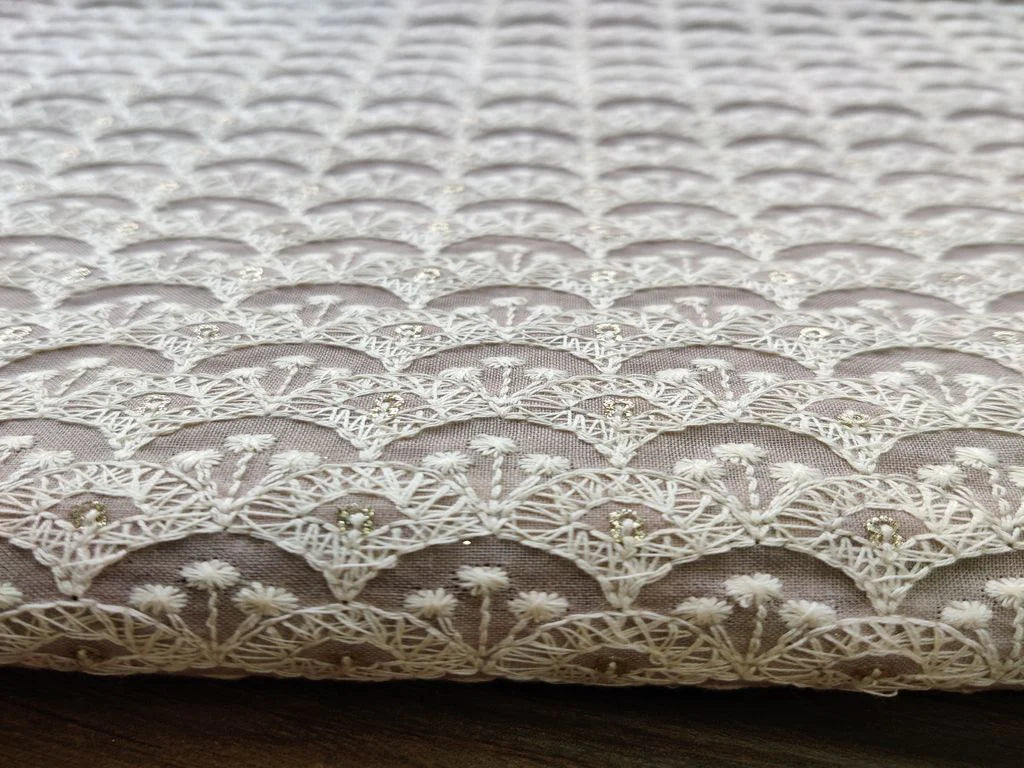 Beige White Floral Thread and Glitter Sequins Work Embroidered Cotton Fabric