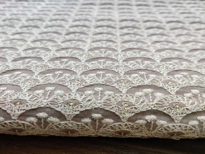 Beige White Floral Thread and Glitter Sequins Work Embroidered Cotton Fabric