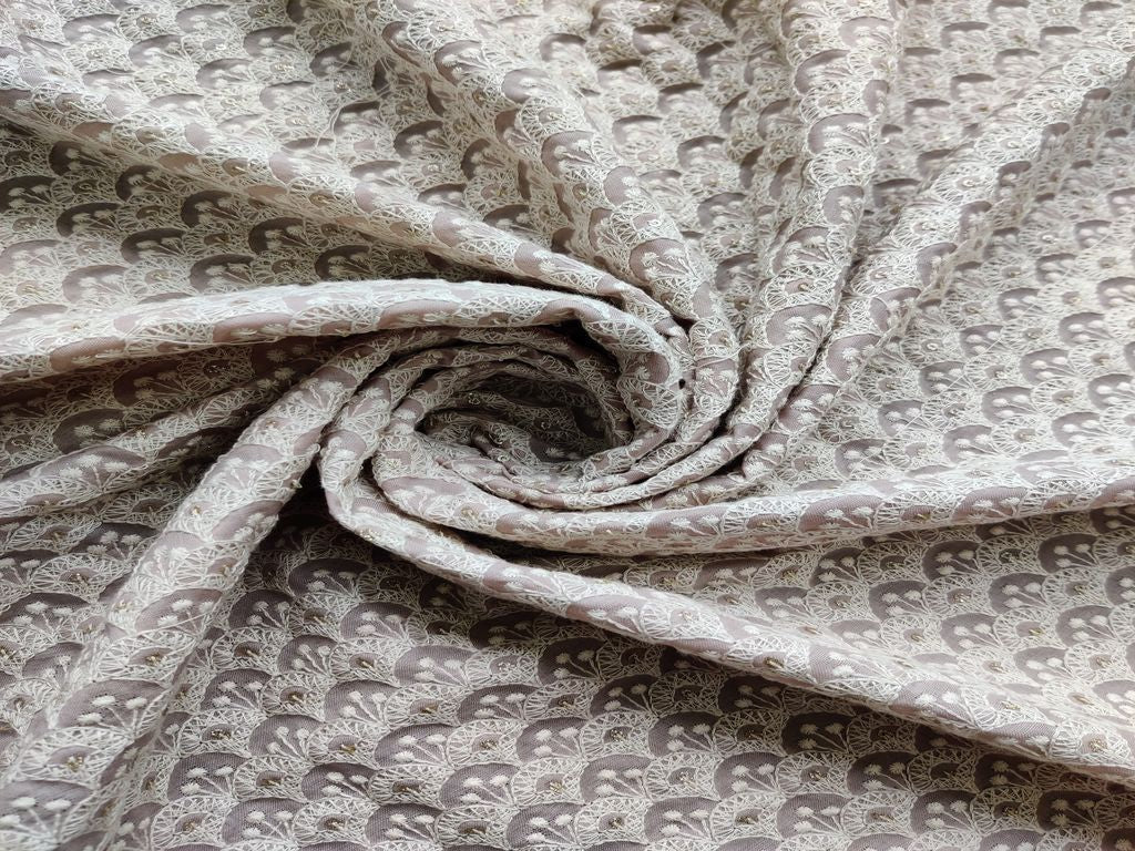 Beige White Floral Thread and Glitter Sequins Work Embroidered Cotton Fabric