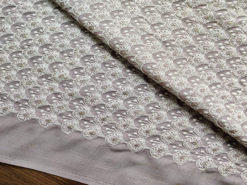 Beige White Floral Thread and Glitter Sequins Work Embroidered Cotton Fabric