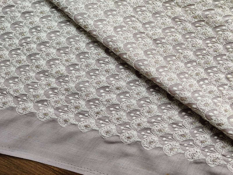Beige White Floral Thread and Glitter Sequins Work Embroidered Cotton Fabric