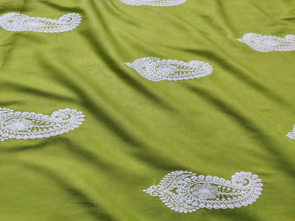 Green White Lakhnawi Paisleys Embroidered Rayon Fabric