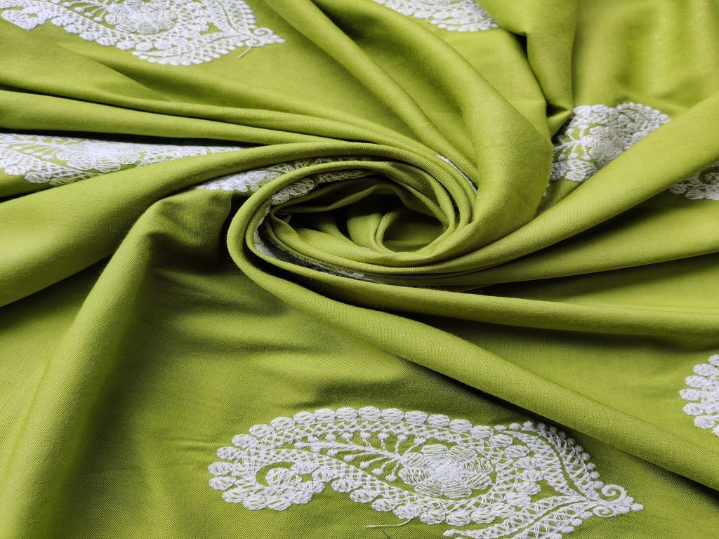 Green White Lakhnawi Paisleys Embroidered Rayon Fabric