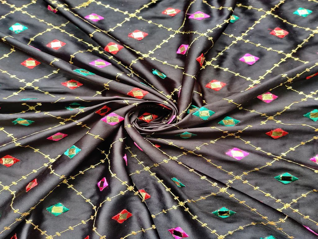 Black Multicolour Geometric Mirror Work Embroidered Jam Cotton Fabric