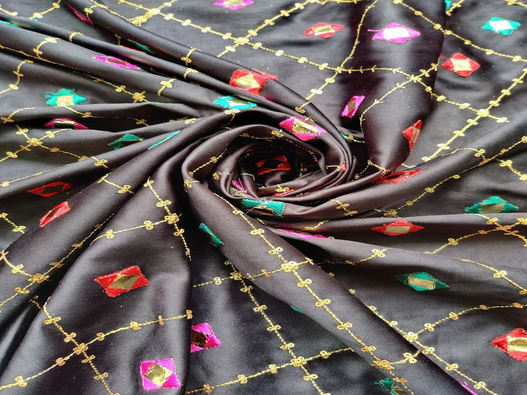 Black Multicolour Geometric Mirror Work Embroidered Jam Cotton Fabric