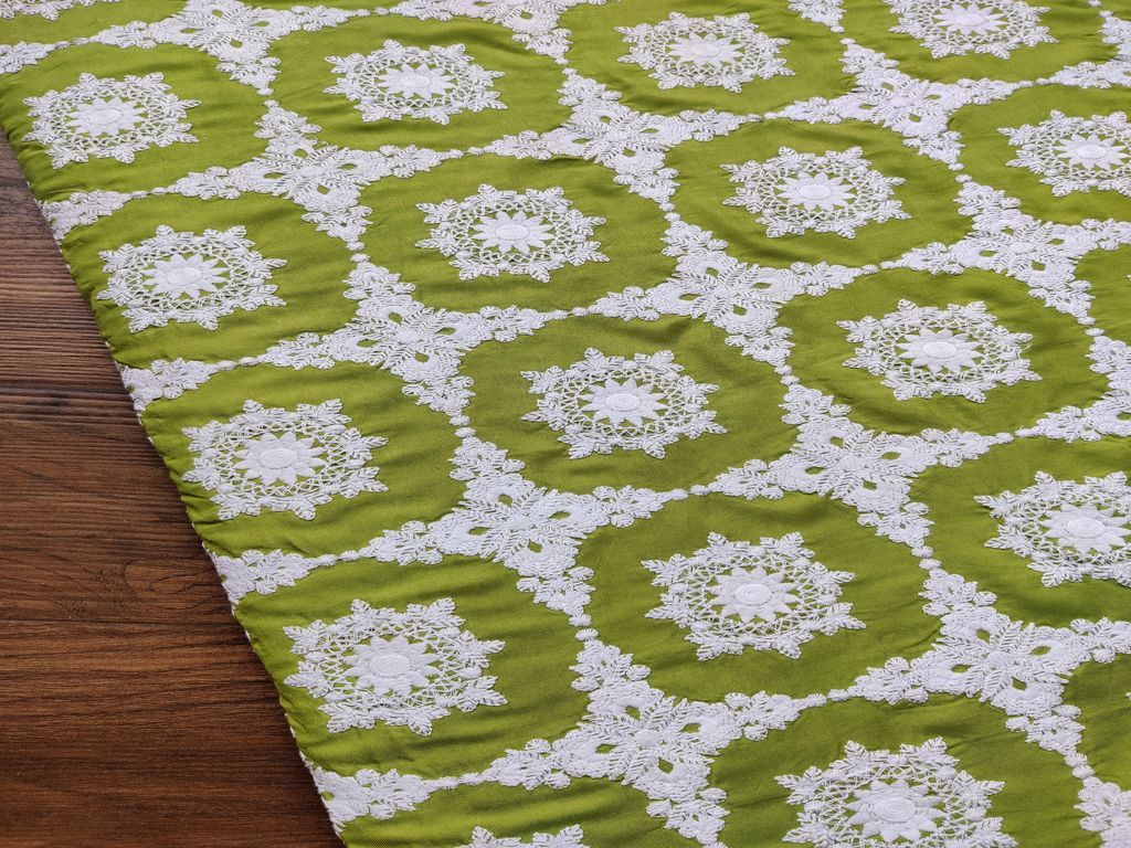 Green White Chikankari Flowers Embroidered Rayon Fabric