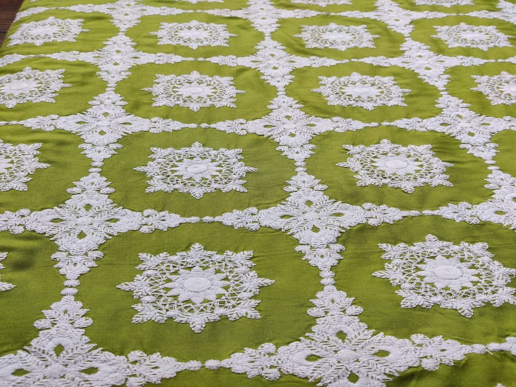 Green White Chikankari Flowers Embroidered Rayon Fabric