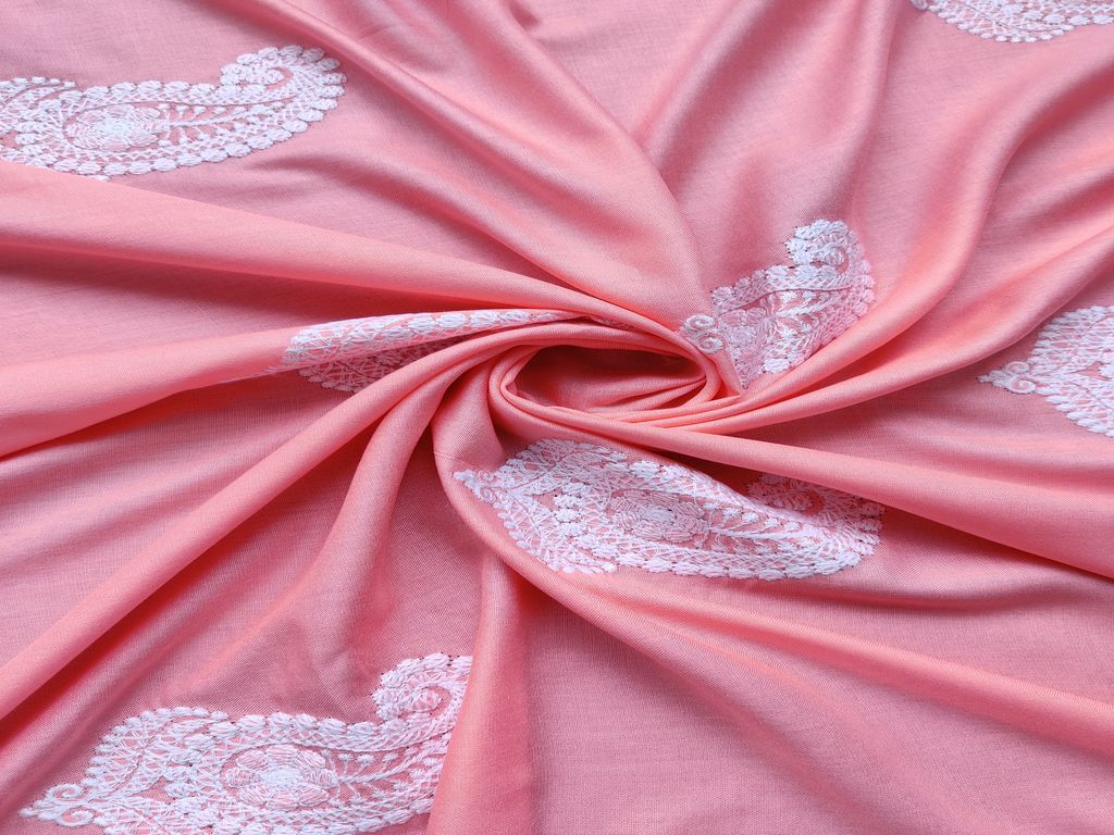 Peach White Lakhnawi Paisleys Embroidered Rayon Fabric