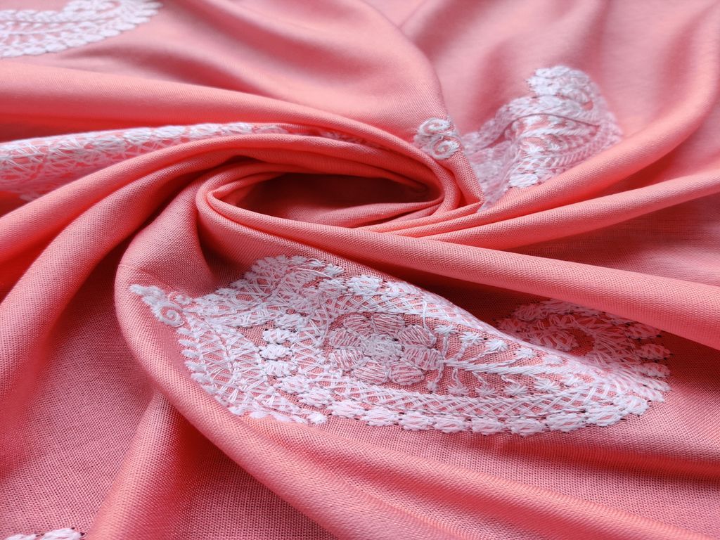 Peach White Lakhnawi Paisleys Embroidered Rayon Fabric