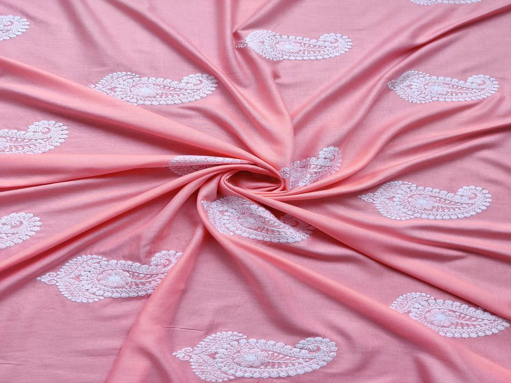 Peach White Lakhnawi Paisleys Embroidered Rayon Fabric