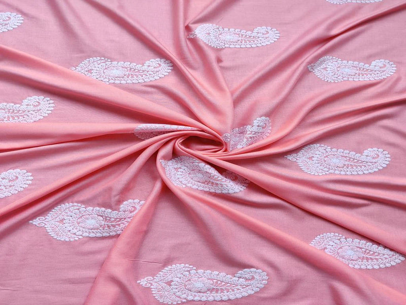 Peach White Lakhnawi Paisleys Embroidered Rayon Fabric