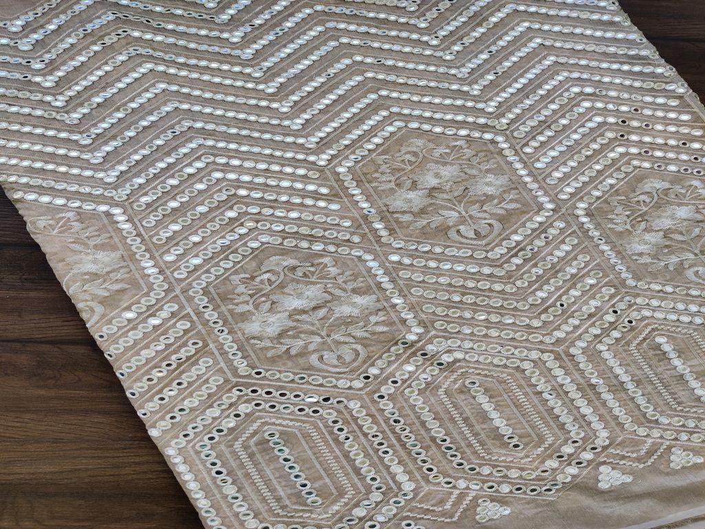 Beige Geometric Thread & Silver Mirror Work Embroidered Chanderi Fabric