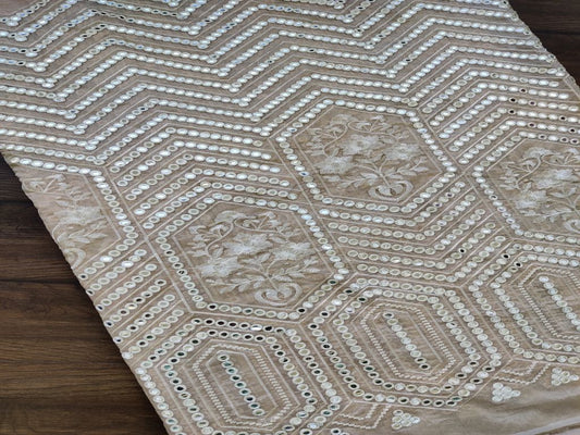Beige Geometric Thread & Silver Mirror Work Embroidered Chanderi Fabric
