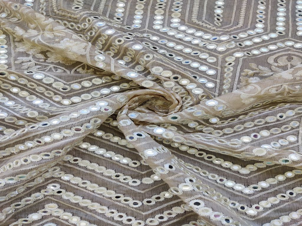 Beige Geometric Thread & Silver Mirror Work Embroidered Chanderi Fabric