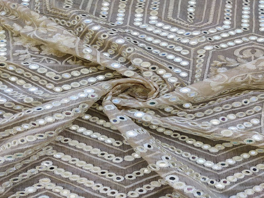 Beige Geometric Thread & Silver Mirror Work Embroidered Chanderi Fabric