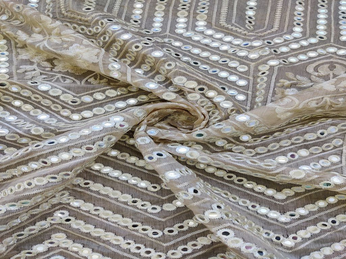 Beige Geometric Thread & Silver Mirror Work Embroidered Chanderi Fabric