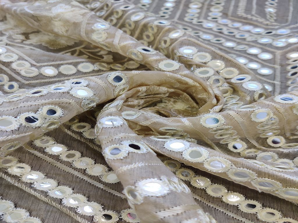 Beige Geometric Thread & Silver Mirror Work Embroidered Chanderi Fabric