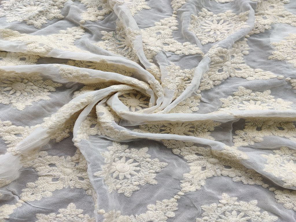 Off White Floral Chikankari Embroidered Dyeable Georgette Fabric