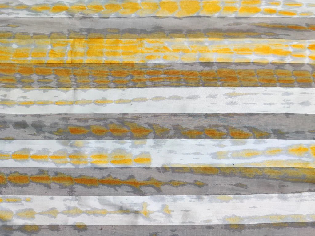 Off White Yellow Shibori Tie & Dye Printed Georgette Fabric with Satin Stripes
