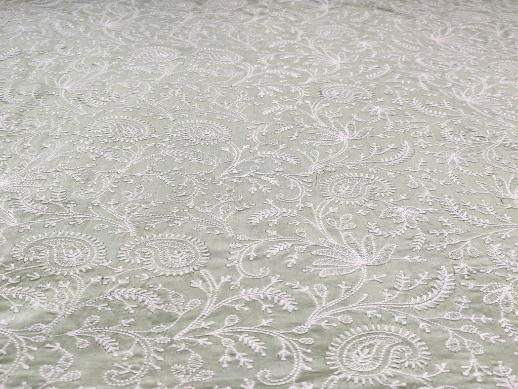Mint Green White Paisleys Embroidered Chanderi Fabric