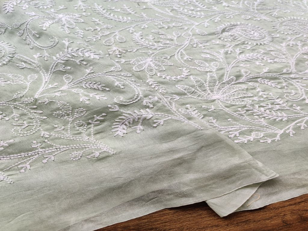 Mint Green White Paisleys Embroidered Chanderi Fabric