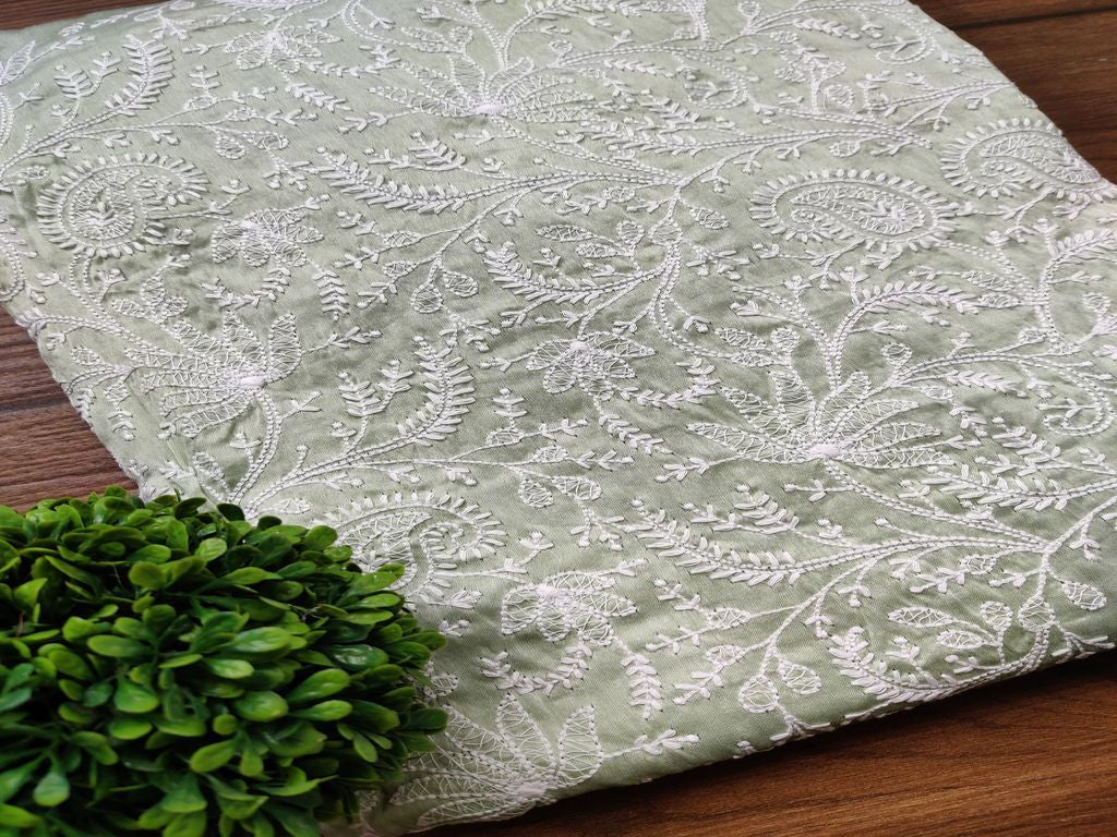 Mint Green White Paisleys Embroidered Chanderi Fabric