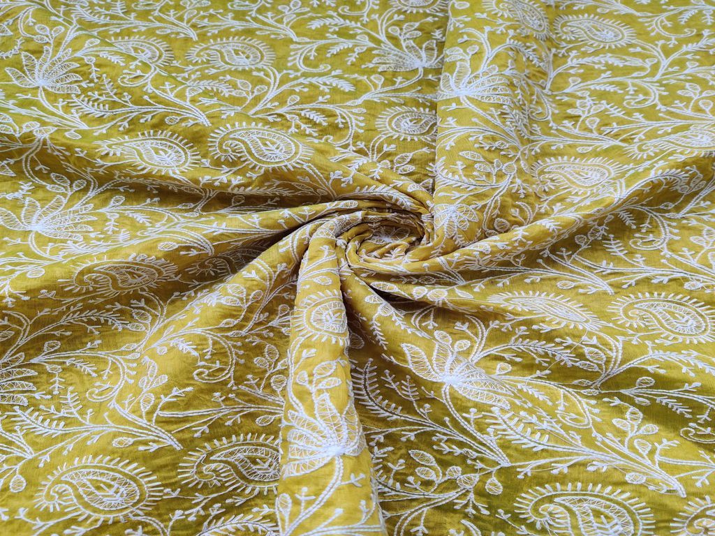 Lime Green White Paisleys Embroidered Chanderi Fabric