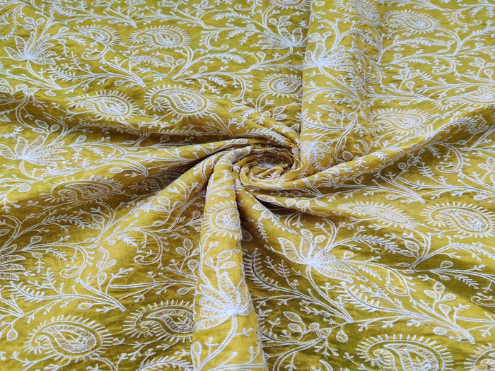 Lime Green White Paisleys Embroidered Chanderi Fabric